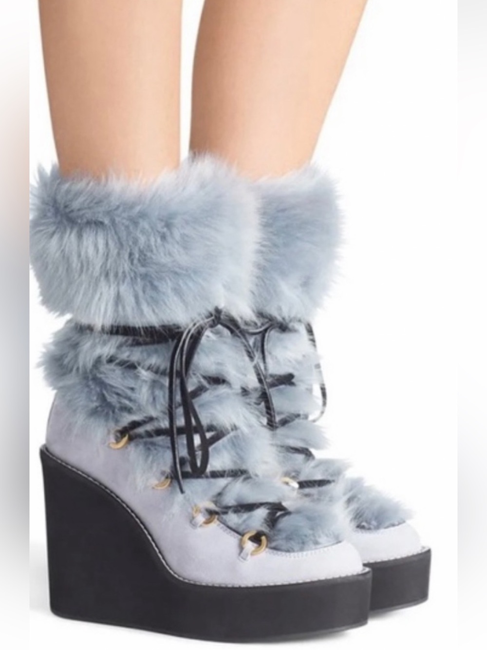 NWOT Stuart Weitzman Nikita Fur Wedge Boots Icy Blue Suede Shearling Lace Up 8M